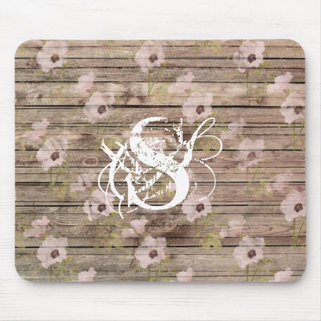 Shabby Chic Pink Floral Pattern Wood Monogram Mouse Mat (Front)