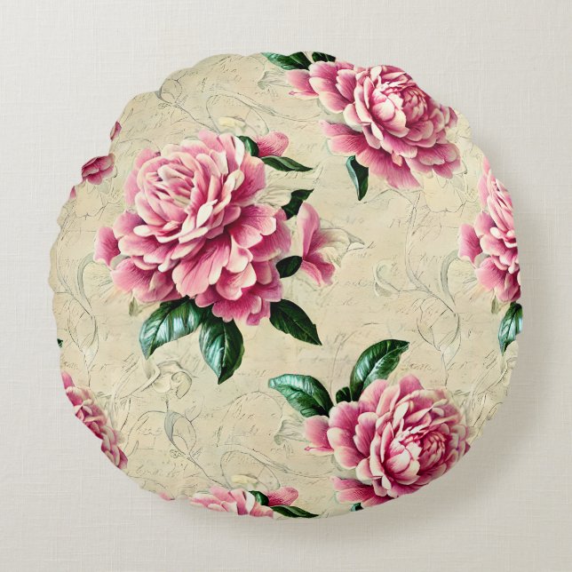 Shabby Chic Pink Gardenias Round Cushion (Front)