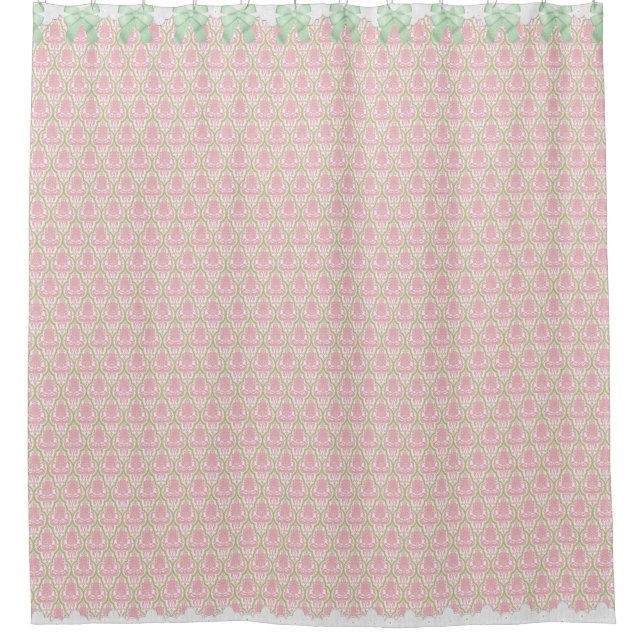 Shabby Chic Pink & Green Damask w Bows & Lace Shower Curtain (Front)