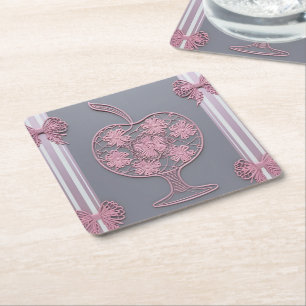 Shabby Chic Pink Lace Apple Floral Vintage Grey Square Paper Coaster