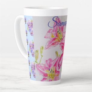 Shabby Chic pink Lily Floral Flowers Blue Spot Latte Mug