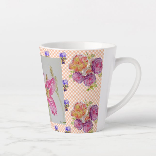 Shabby Chic pink Lily Floral Flowers Gingham Roses Latte Mug (Right)