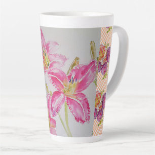 Shabby Chic pink Lily Floral Flowers Gingham Roses Latte Mug