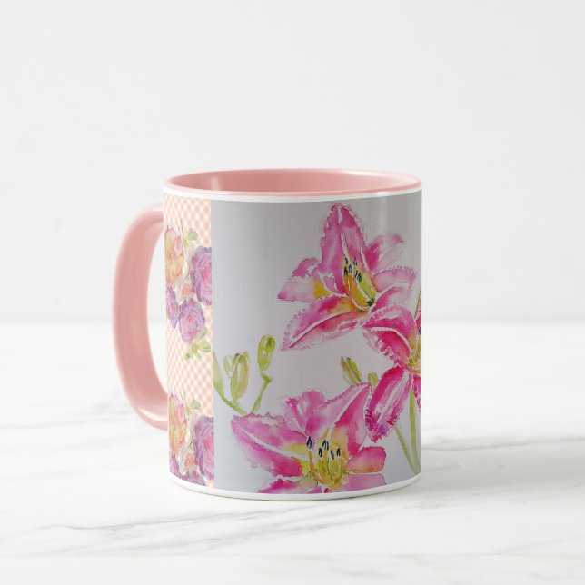 Shabby Chic pink Lily Floral Flowers Gingham Roses Mug (Front Left)
