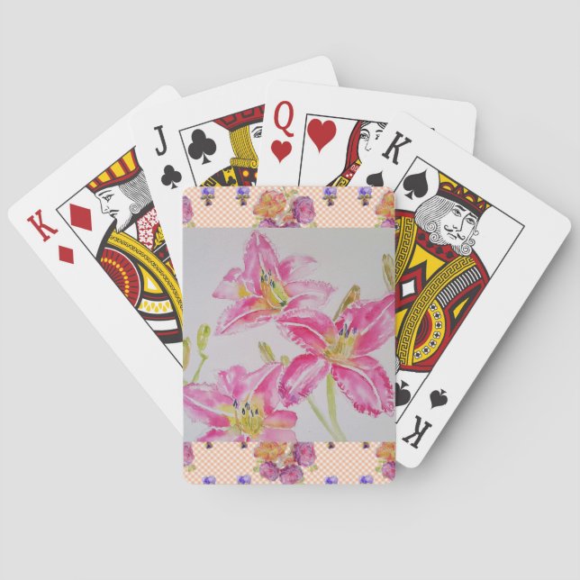 Shabby Chic pink Lily Floral Flowers Gingham Roses Playing Cards (Back)