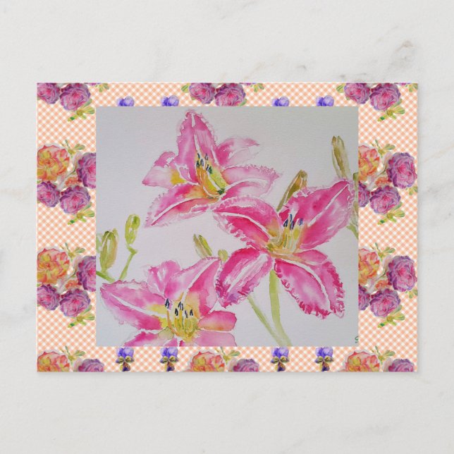 Shabby Chic pink Lily Floral Flowers Gingham Roses Postcard (Front)