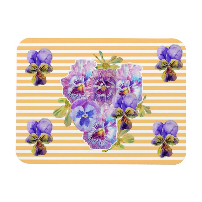 Shabby Chic Pink Pansy Floral Yellow Stripe Magnet (Horizontal)