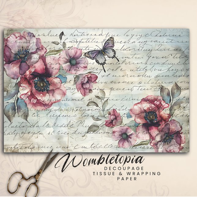 Shabby Chic Pink Poppies & Butterfly Decoupage Tissue Paper (Creator Uploaded)