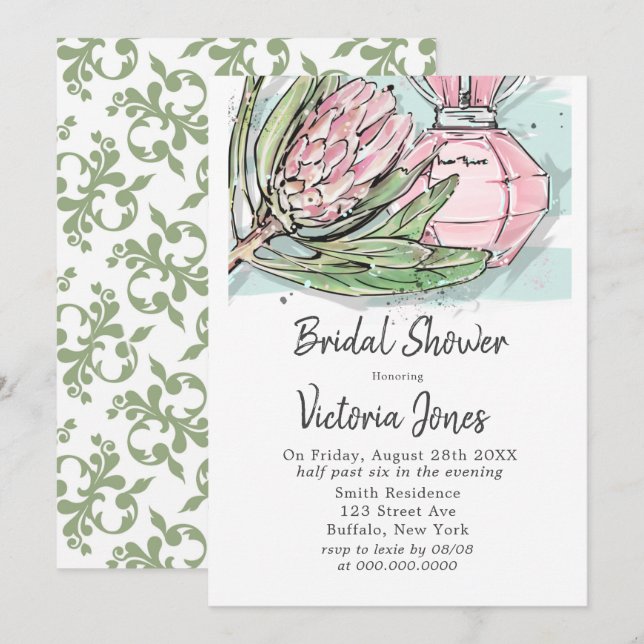 Shabby Chic Pink Protea Perfume Bridal Shower Invitation (Front/Back)