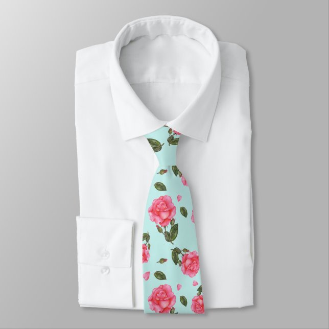 Shabby Chic Pink Rose Botanical Illustration Tie (Tied)