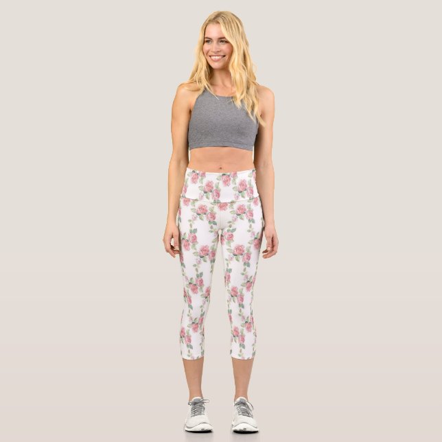 Shabby Chic Pink Rose Floral Capri Leggings (Front)