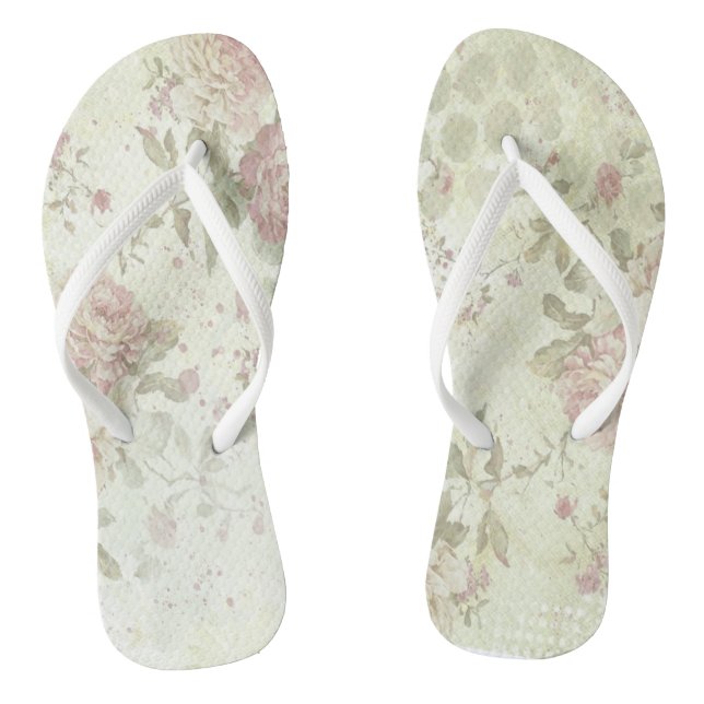 Shabby Chic Pink Rose Floral Flip Flops (Footbed)