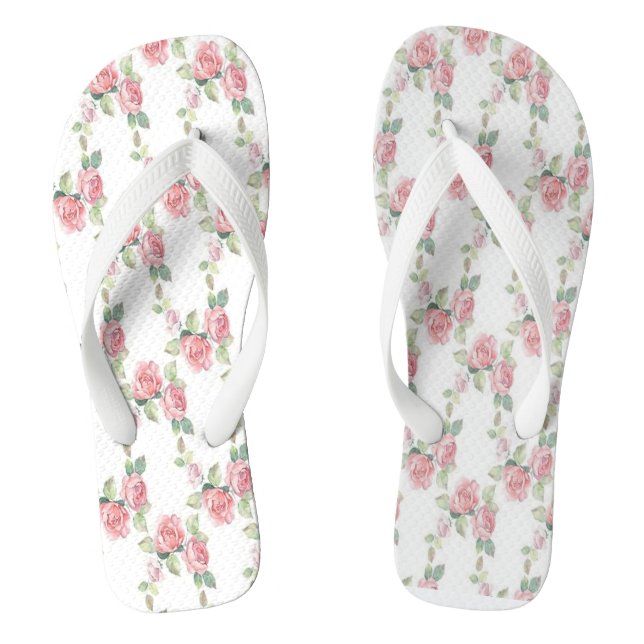 Shabby Chic Pink Rose Floral Flip Flops (Footbed)