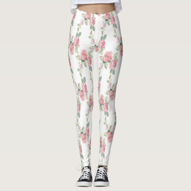 Shabby Chic Pink Rose Floral Leggings (Front)