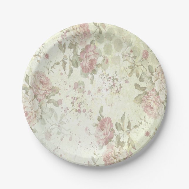 Shabby Chic Pink Rose Floral Paper Plate (Front)