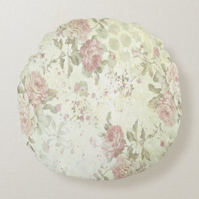 Shabby Chic Pink Rose Floral Round Pillow (Front)