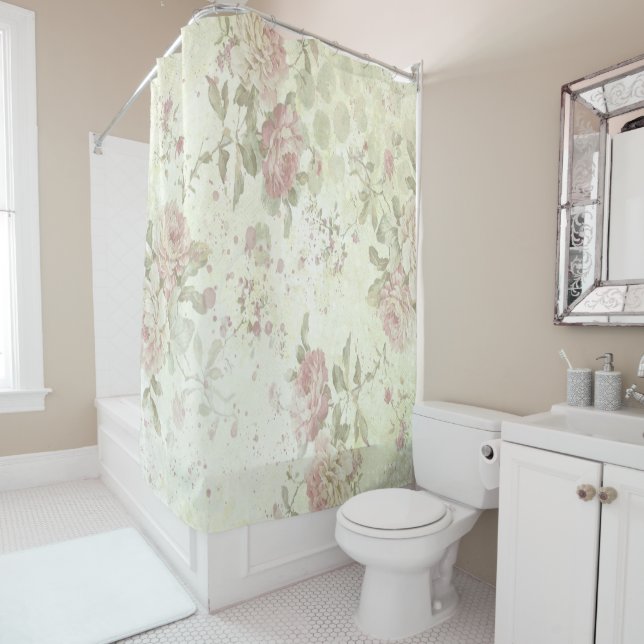 Shabby Chic Pink Rose Floral Shower Curtain (In Situ)