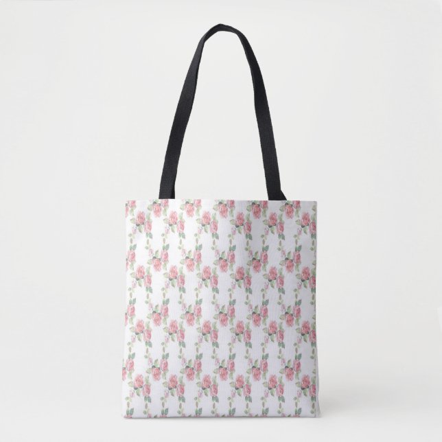Shabby Chic Pink Rose Floral Tote Bag (Front)