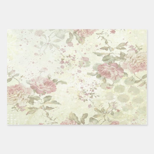 Shabby Chic Pink Rose Floral Wrapping Paper Sheet (Front)