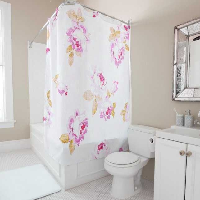 Shabby Chic Pink Rose Linen-Look Shower Curtain (In Situ)