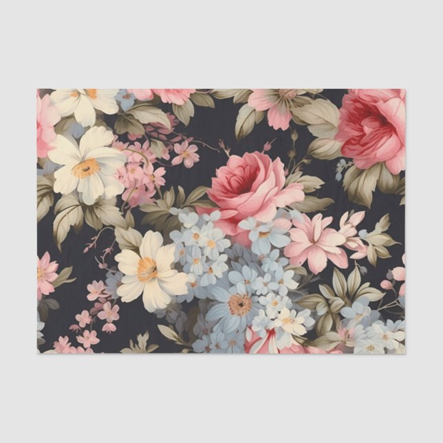 Shabby Chic Pink Rose Pattern on Dark Background Tissue Paper (Front)