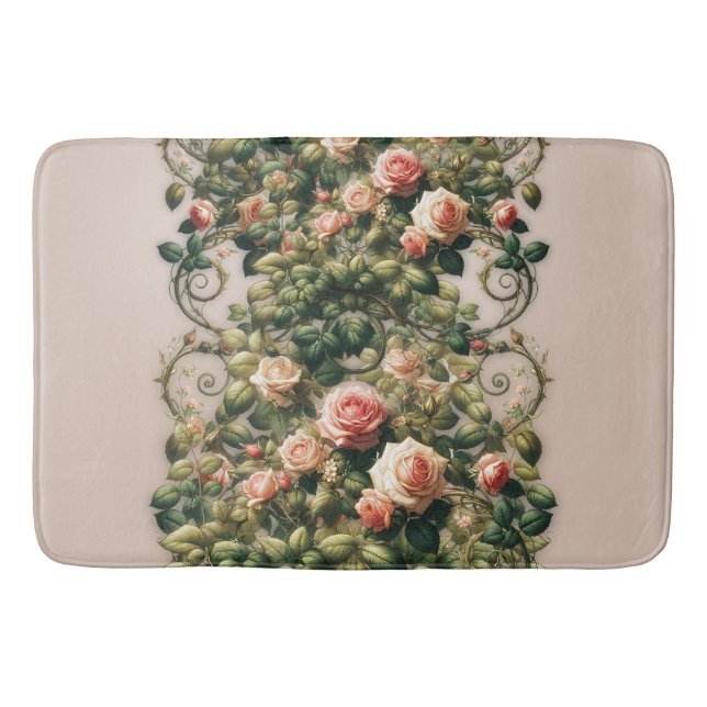 Shabby Chic Pink Rose Vines Floral Elegant Bath Mat (Front)