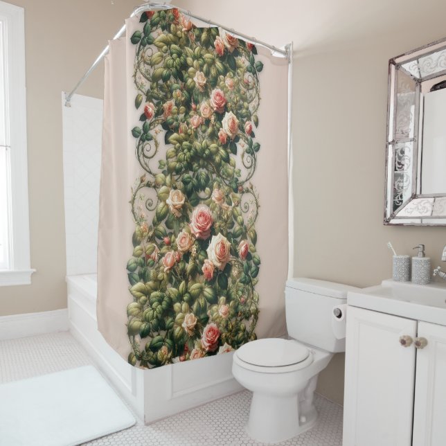 Shabby Chic Pink Rose Vines Floral Elegant Shower Curtain (In Situ)