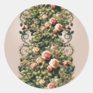 Shabby Chic Pink Rose Vines Floral Roses Elegant Classic Round Sticker