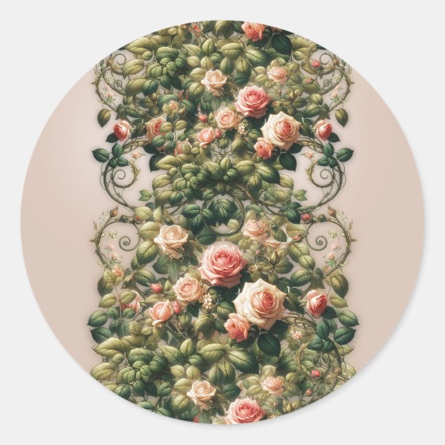 Shabby Chic Pink Rose Vines Floral Roses Elegant Classic Round Sticker (Front)