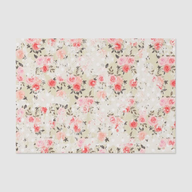 Shabby Chic Pink Roses Beige Polka Dots Tissue Paper (Front)