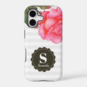 Shabby Chic Pink Roses Grey White Stripes Pattern