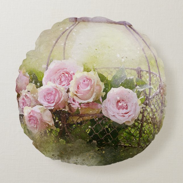 Shabby Chic Pink Roses In Basket Watercolour Round Cushion (Front)