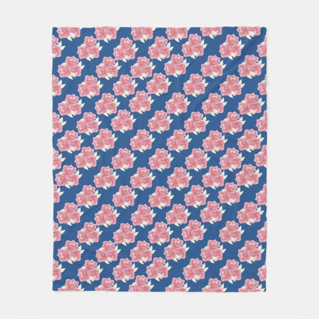 Shabby Chic Pink Roses & Navy Fleece Blanket (Front)
