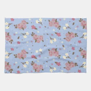 Shabby Chic Pink Roses on Baby Blue Background Tea Towel