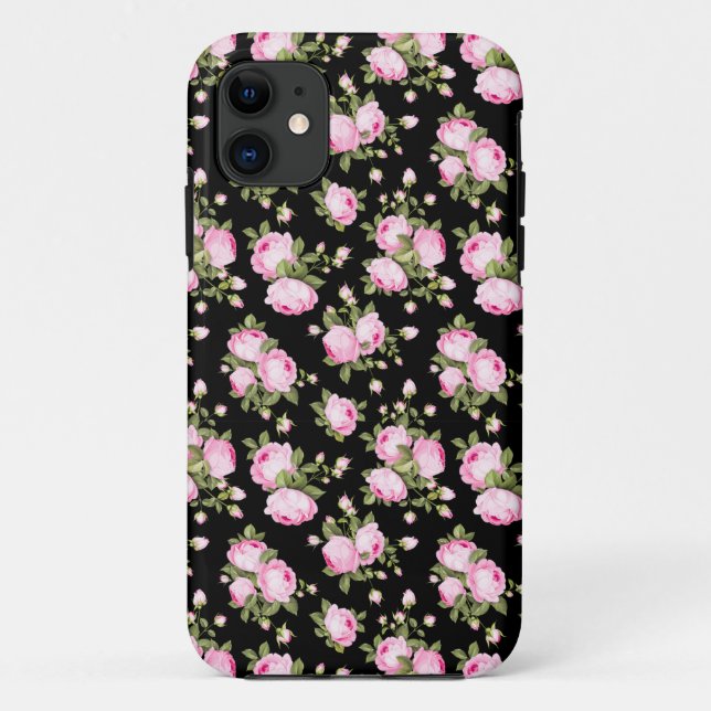 Shabby Chic Pink Roses on Black Case-Mate iPhone Case (Back)