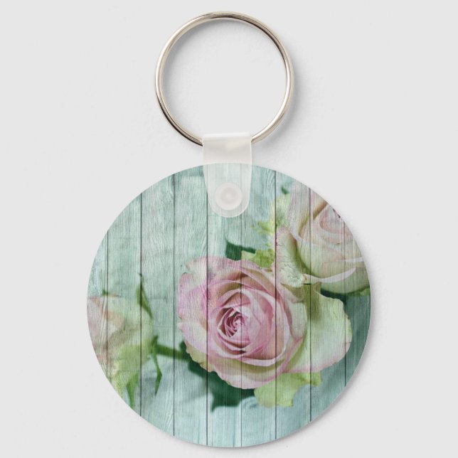 Shabby Chic Pink Roses On Blue Wood Key Ring (Front)