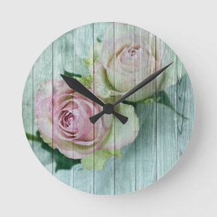 Shabby Chic Pink Roses On Blue Wood Round Clock