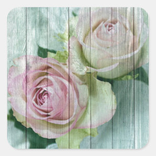 Shabby Chic Pink Roses On Blue Wood Square Sticker