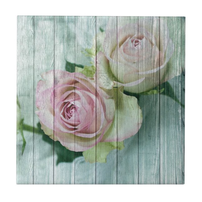Shabby Chic Pink Roses On Blue Wood Tile (Front)