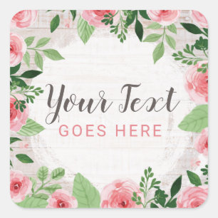 Shabby Chic Pink Roses on Rustic Country Barn Wood Square Sticker