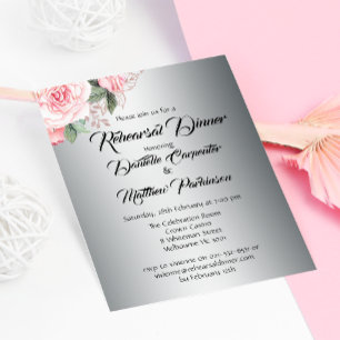 Shabby-Chic Pink Roses on Silver Wedding Rehearsal Invitation