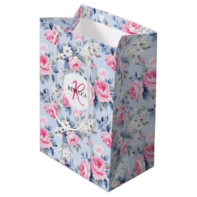 Shabby Chic Pink Roses Pattern Monogram Medium Gift Bag (Back Angled)