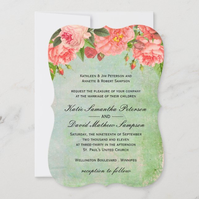 Shabby Chic Pink Roses Wedding Invitation (Front)