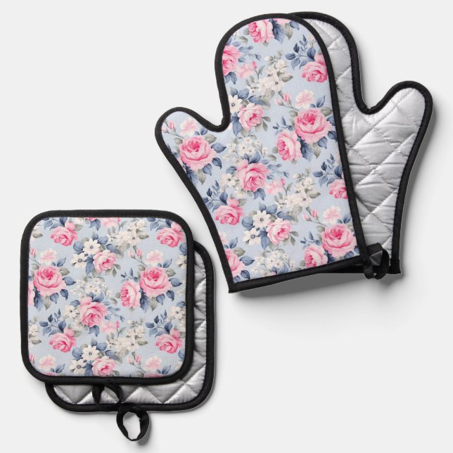 Shabby chic pink roses white flowers pattern oven mitt & pot holder set (Front/Back)