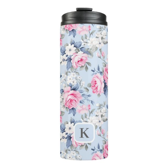 Shabby chic pink roses white flowers pattern thermal tumbler (Front)