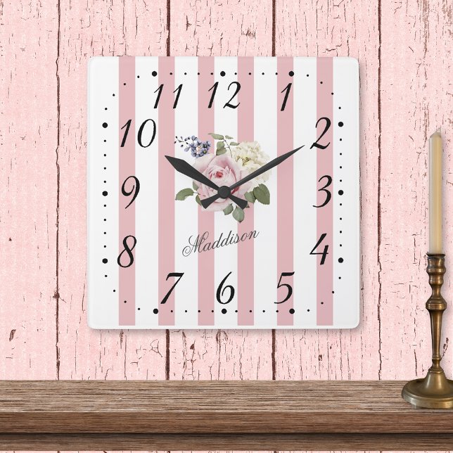 Shabby Chic Pink Striped Rose Bouquet Monogrammed Square Wall Clock (Creator Uploaded)