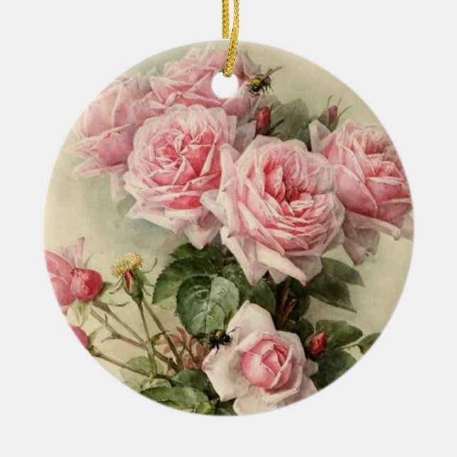 Shabby Chic Pink Victorian Roses Ceramic Tree Decoration (Front)