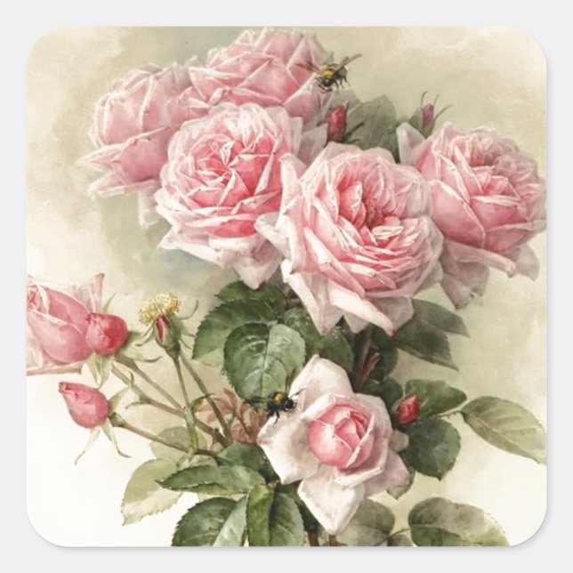 Shabby Chic Pink Victorian Roses Square Sticker (Front)