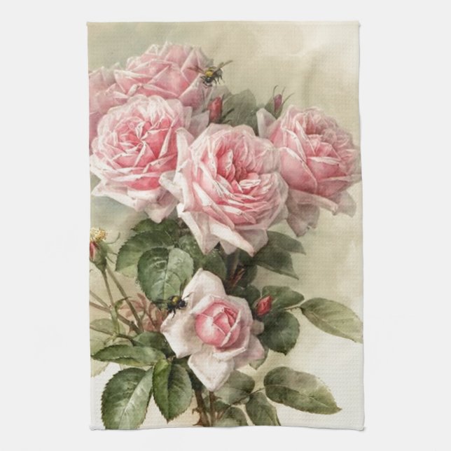 Shabby Chic Pink Victorian Roses Tea Towel (Vertical)