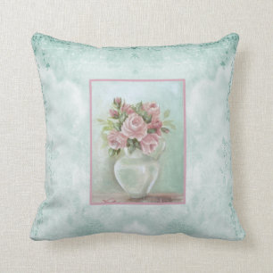 Shabby Chic Pink Vintage Roses on Teal Cushion